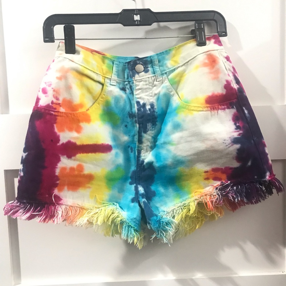 High Waist Tye Dye Denim Fringe Shorts Size 2/4